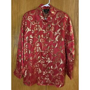 Vintage Corey B New York Wms Size M 100% Silk Red Gold Button Up Blouse Party